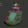Cartoon Scene With Red Pagoda Green Roof Golden Spire Green Rock Stairs And Red Lantern