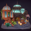 Enchanted Cartoon Greenhouse Scene With Wooden Gazebo And Potted Plants