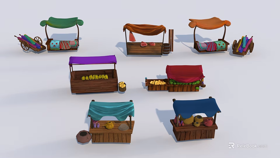 Wooden Market Stalls With Colorful Canopies Displaying Various Goods 3d model 