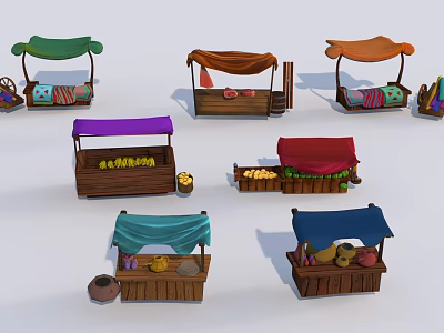 Wooden Market Stalls With Colorful Canopies Displaying Various Goods 3d model