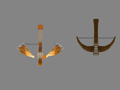Two Unique Bow Weapons Featuring Decorative Wing And Wooden Structure Designs 3d model