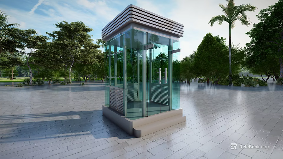 Modern Glass Security Booth With Transparent Walls In Outdoor Plaza With Trees And Blue Sky 3d model 