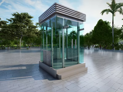 Modern Glass Security Booth With Transparent Walls In Outdoor Plaza With Trees And Blue Sky 3d model