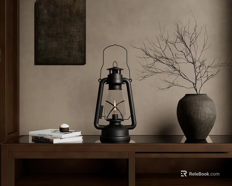 Black Lantern on Brown Cabinet with Gray Vase Dried Branches Books and Small Candle 3d model 
