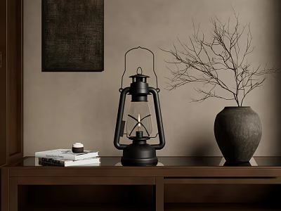 Black Lantern on Brown Cabinet with Gray Vase Dried Branches Books and Small Candle 3d model