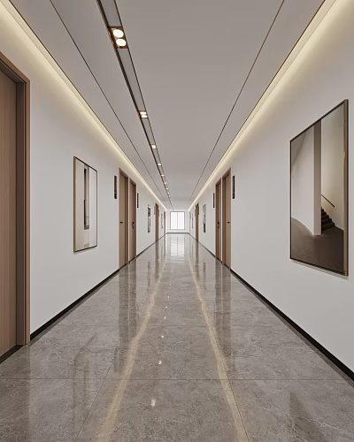Modern Hotel Corridor With White Walls Wooden Doors Artworks And Marble Flooring 3d model