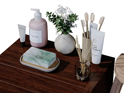 Bathroom Set With Wooden Countertop Green Soap Tray Vase Plant And Toothbrushes 3d model