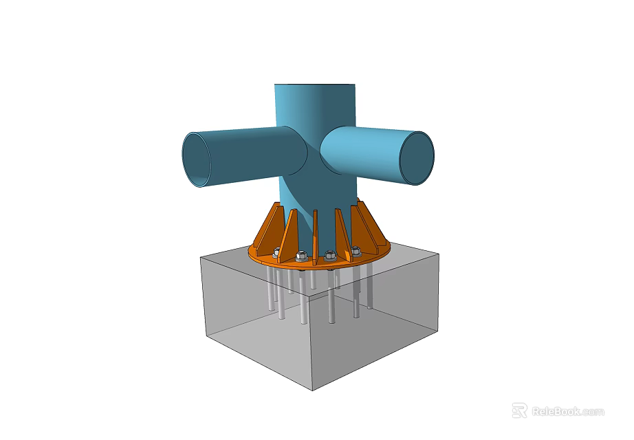 Blue Triple Joint Component With Orange Supporting Parts Mounted On Transparent Base 3d model 