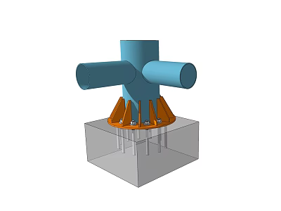 Blue Triple Joint Component With Orange Supporting Parts Mounted On Transparent Base 3d model
