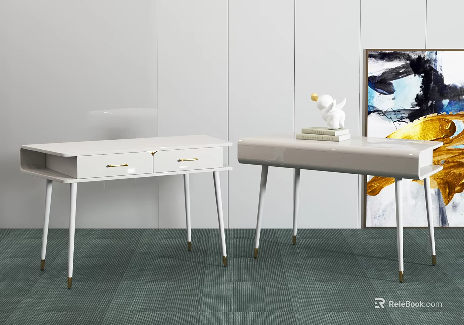 Modern White Desks With Drawers And Metal Legs Near Abstract Artwork 3d model 