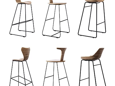 Modern Bar Stools Featuring Wooden Seats And Metal Frames In Stylish Designs 3d model