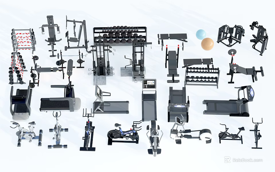 Different Types of Sports Equipment Including Treadmills Dumbbells and Exercise Machines 3d model 