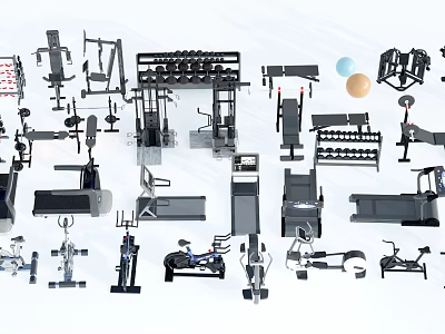 Different Types of Sports Equipment Including Treadmills Dumbbells and Exercise Machines 3d model