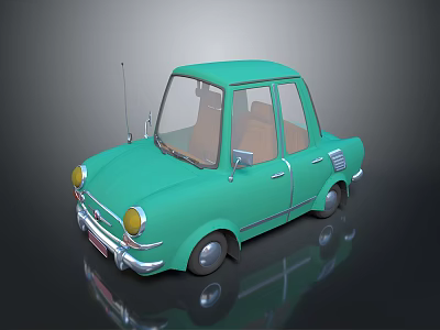 Light Green Vintage Car With Round Shape Yellow Headlights And Brown Seats 3d model