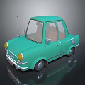 Light Green Vintage Car With Round Shape Yellow Headlights And Brown Seats