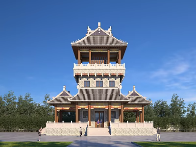 Ancient Chinese Multi Story Tower With Traditional Roof Overhanging Eaves And Trees 3d model