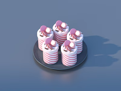 Five Pink And White Striped Cupcakes On Black Plate With Pink Decorations 3d model