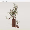 Brown Ceramic Vase With Pomegranate Branches And Green Leaves For Interior Decor