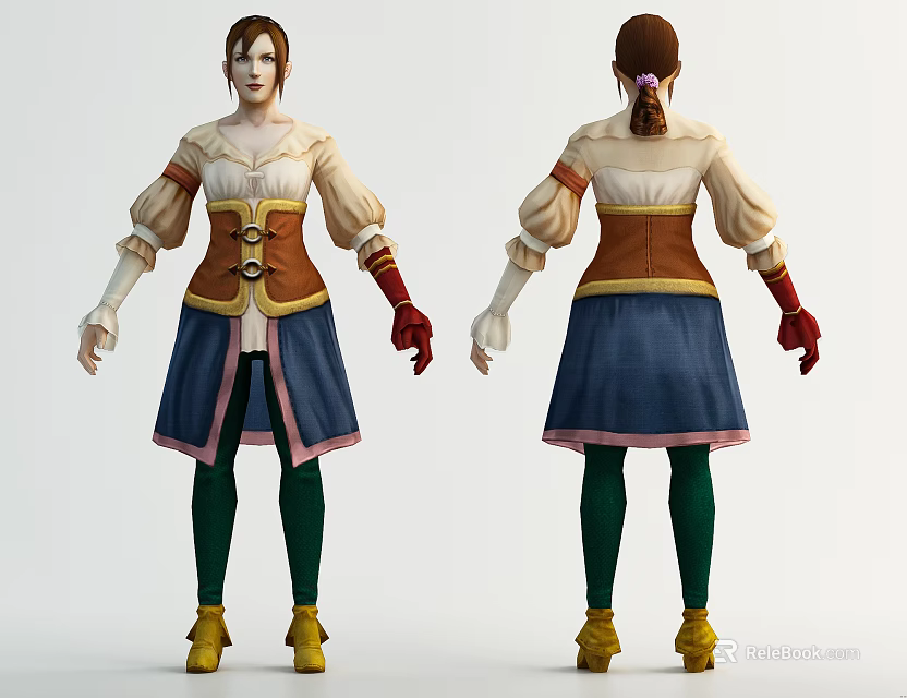 Game Movie Character With White Top Brown Corset Blue Skirt Green Leggings And Red Gloves 3d model 