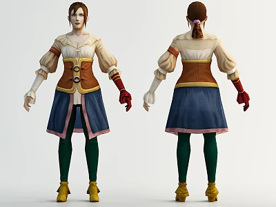 Game Movie Character With White Top Brown Corset Blue Skirt Green Leggings And Red Gloves 3d model