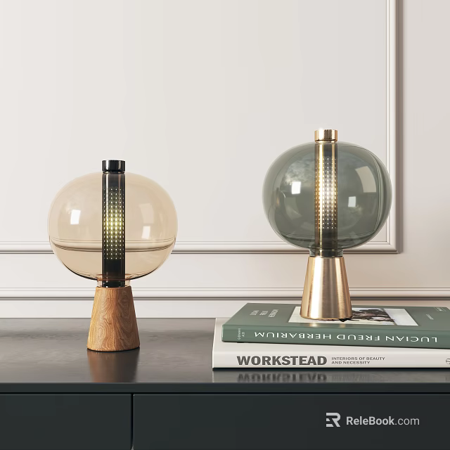 Two Modern Table Lamps With Spherical Glass Shades And Wooden Metal Bases On Workstead Book 3d model 