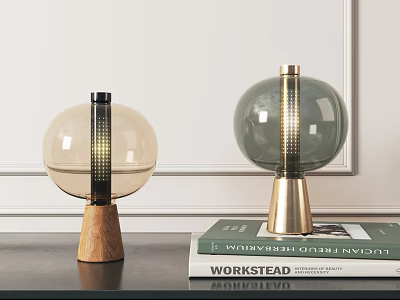 Two Modern Table Lamps With Spherical Glass Shades And Wooden Metal Bases On Workstead Book 3d model