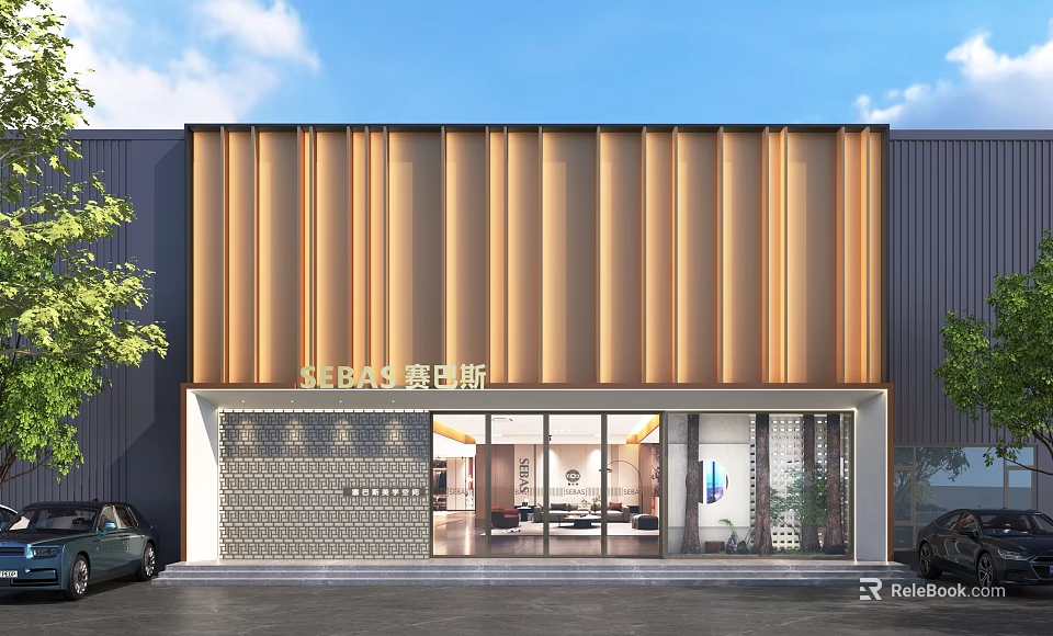 Modern SEBAS Storefront Design With Golden Vertical Strips And Glass Doors 3d model 