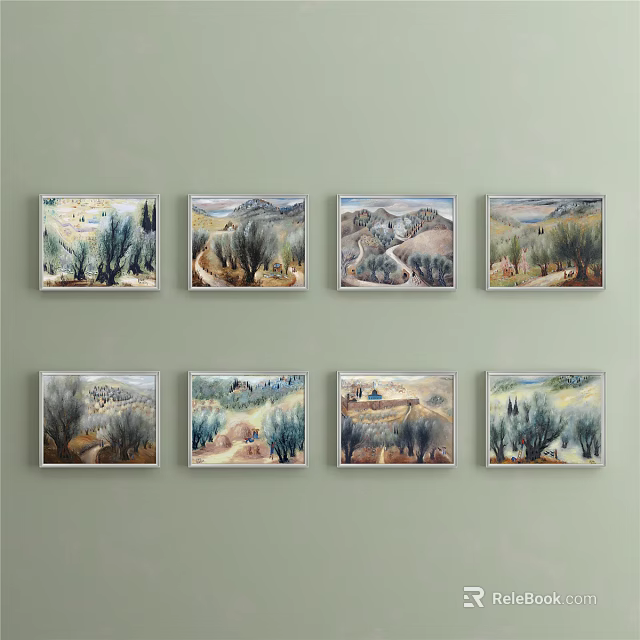 Eight Framed Landscape Paintings With Mountains Trees And Rivers On Wall 3d model 