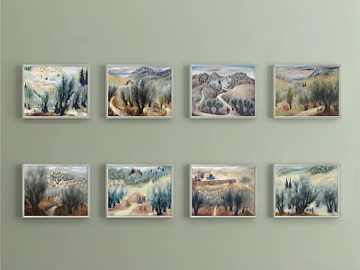 Eight Framed Landscape Paintings With Mountains Trees And Rivers On Wall 3d model