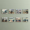 Eight Framed Landscape Paintings With Mountains Trees And Rivers On Wall
