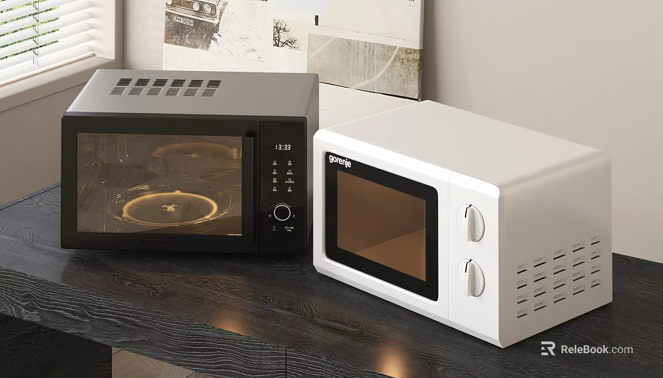 Stylish Black And White Microwave Ovens On Modern Kitchen Counter 3d model 
