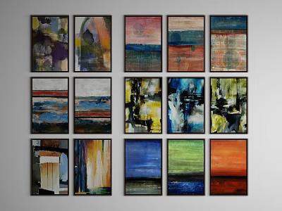 Colorful Framed Abstract Paintings Displayed On White Wall With Vibrant Diverse Hues 3d model