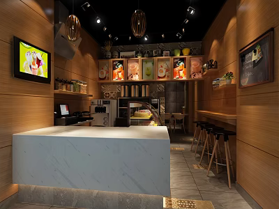 Modern Bubble Tea Shop Interior With Marble Counter Wooden Walls Pendant Lights And Display Cabinets 3d model
