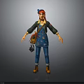 3D Character Model With Blue Overalls Green Top Blue Hat And Brown Bag