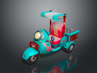 Turquoise Tricycle With Pink Seat Headlight Canopy And Small Cargo Basket 3d model