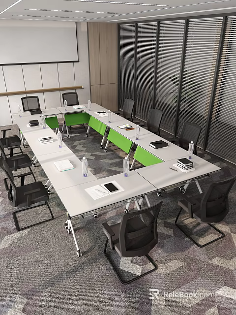 Training Institution Modern Meeting Room With Long Tables Green Tabletops And Black Chairs 3d model 