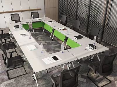 Training Institution Modern Meeting Room With Long Tables Green Tabletops And Black Chairs 3d model