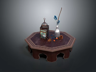 Octagonal Wooden Coffee Table With Lantern Vase Blue Flowers And Pine Cones 3d model