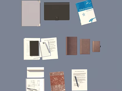 Organized Collection Of Various Office Supplies Leather Notebooks Folders Papers And Pen 3d model