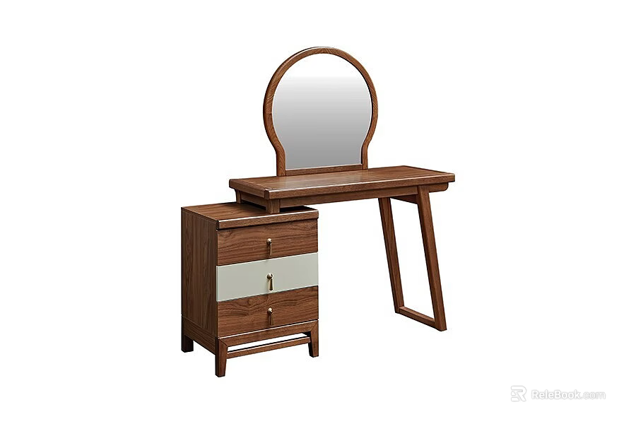 Minimalist Wooden Dressing Table With Round Mirror And Drawer Cabinet Featuring Metal Handles 3d model 