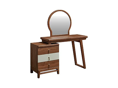Minimalist Wooden Dressing Table With Round Mirror And Drawer Cabinet Featuring Metal Handles 3d model