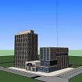 Modern Office Building With Glass Curtain Wall Night Lighting And Pedestrians Cars Trees Around