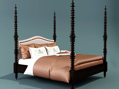 Elegant Four Poster Double Bed With Light Upholstered Headboard Dark Wooden Posts And Brown Quilt 3d model