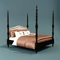 Elegant Four Poster Double Bed With Light Upholstered Headboard Dark Wooden Posts And Brown Quilt