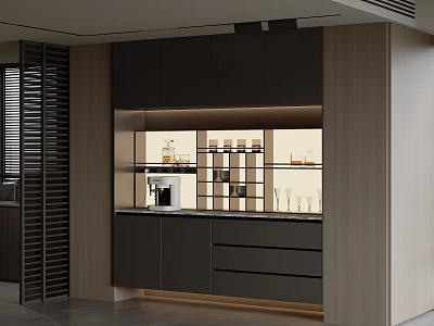 Modern Sideboard Design With Dark Cabinets Glass Shelves Built in Lighting And Coffee Machine 3d model