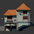 Two Story Building with Orange Roof Red Windows White Walls Porch Umbrellas and Stairs