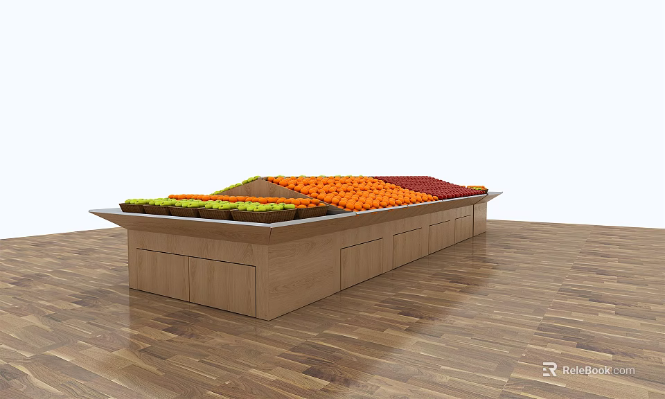 Wooden Display Shelf With Colorful Fruits Organized Arrangement And Drawer Storage 3d model 