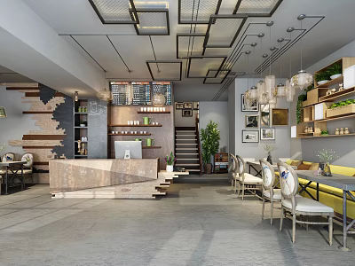 Modern Bubble Tea Shop Interior With Wooden Counter Seating Area Pendant Lights And Green Plants 3d model