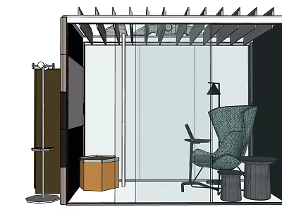 Modern Accent Chair In Indoor Space With Glass Partition And Wooden Ceiling Grille 3d model