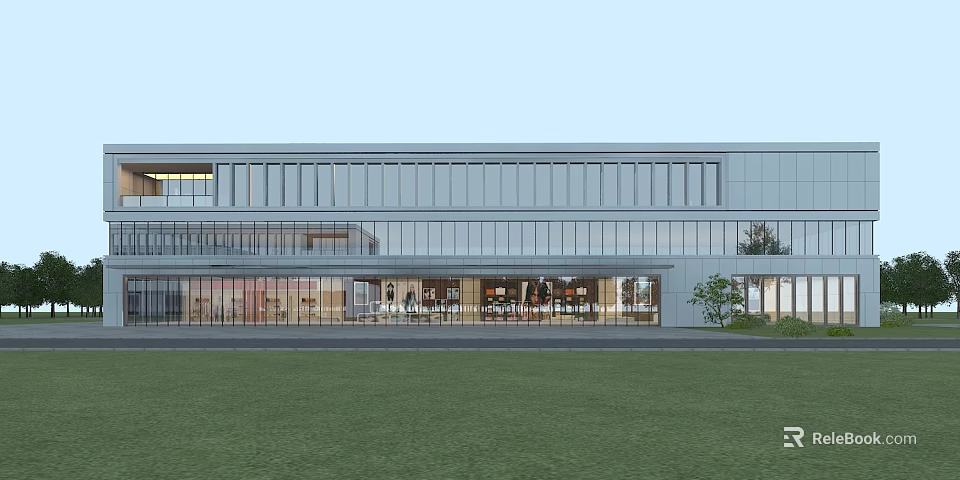 Modern Industrial Factory Building With Large Glass Facade Spacious Exterior And Front Lawn Area 3d model 